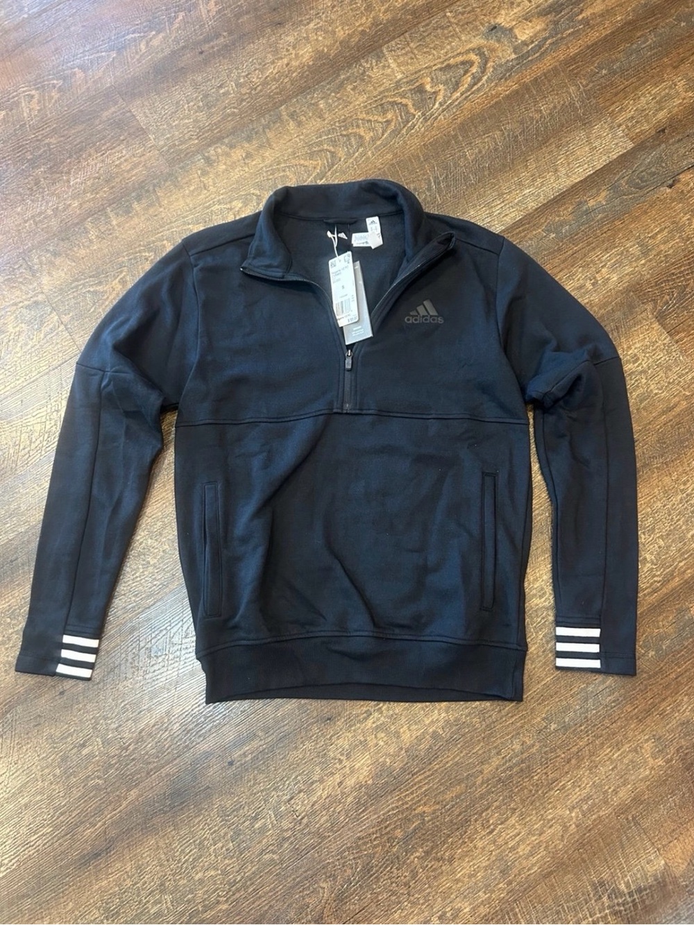 adidas Black Half-Zip Pullover with White Cuff Stripes